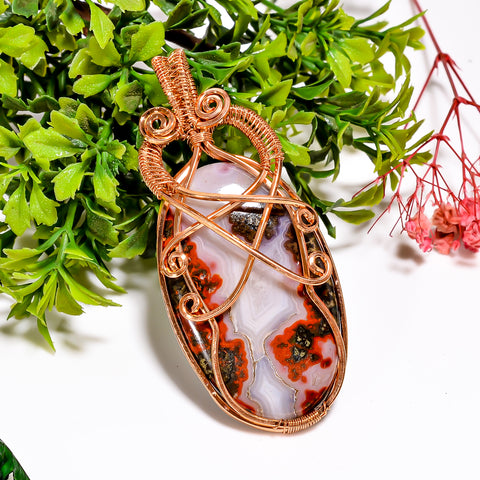 Superb Top Grade Quality 100% Natural Seam Agate Gemstone Oval Vintage Handmade Jewelry Pure Copper Wire Wrapped Pendant 3