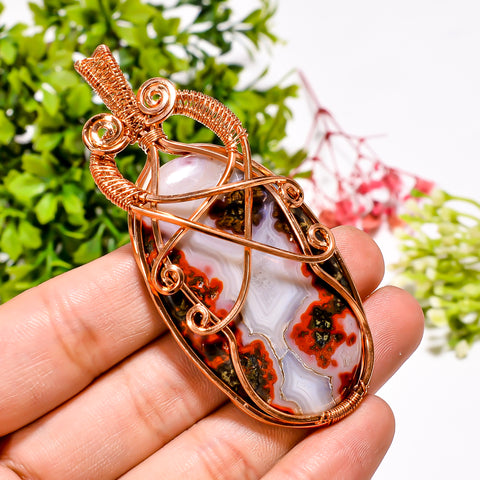 Superb Top Grade Quality 100% Natural Seam Agate Gemstone Oval Vintage Handmade Jewelry Pure Copper Wire Wrapped Pendant 3