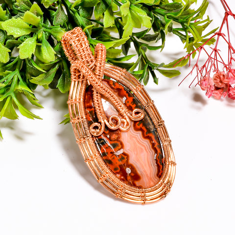 Tempting Top Grade Quality 100% Natural Seam Agate Gemstone Oval Vintage Handmade Pure Copper Wire Wrapped Pendant 2.6