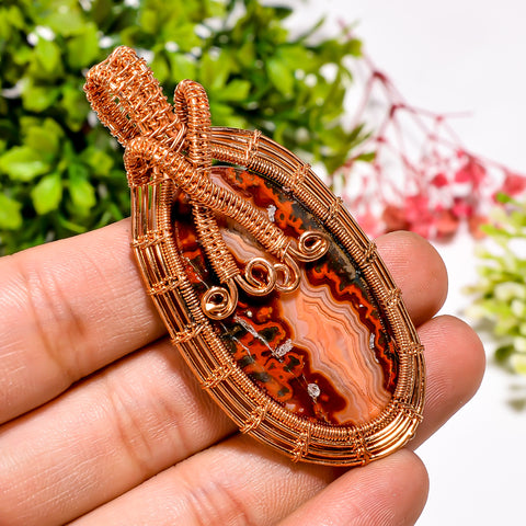 Tempting Top Grade Quality 100% Natural Seam Agate Gemstone Oval Vintage Handmade Pure Copper Wire Wrapped Pendant 2.6
