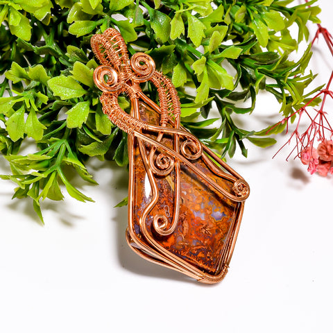 Terrific Top Grade Quality 100% Natural Seam Agate Gemstone Shield Vintage Handmade Pure Copper Wire Wrapped Pendant 2.9