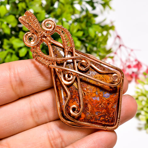 Terrific Top Grade Quality 100% Natural Seam Agate Gemstone Shield Vintage Handmade Pure Copper Wire Wrapped Pendant 2.9