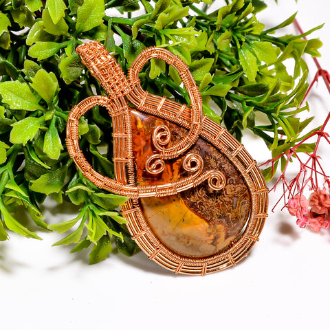 Unique Top Grade Quality 100% Natural Seam Agate Gemstone Pear Vintage Handmade Jewelry Pure Copper Wire Wrapped Pendant 2.6