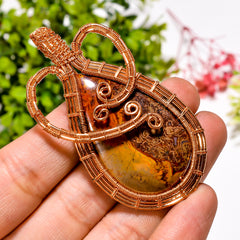 Unique Top Grade Quality 100% Natural Seam Agate Gemstone Pear Vintage Handmade Jewelry Pure Copper Wire Wrapped Pendant 2.6" 21 gms KR09-24 Sunkarton