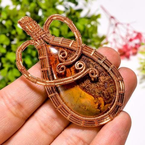 Unique Top Grade Quality 100% Natural Seam Agate Gemstone Pear Vintage Handmade Jewelry Pure Copper Wire Wrapped Pendant 2.6