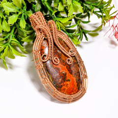 Amazing Top Grade Quality 100% Natural Seam Agate Gemstone Oval Vintage Handmade Pure Copper Wire Wrapped Pendant 2.5" 18.2 gms. KR09-26 Sunkarton
