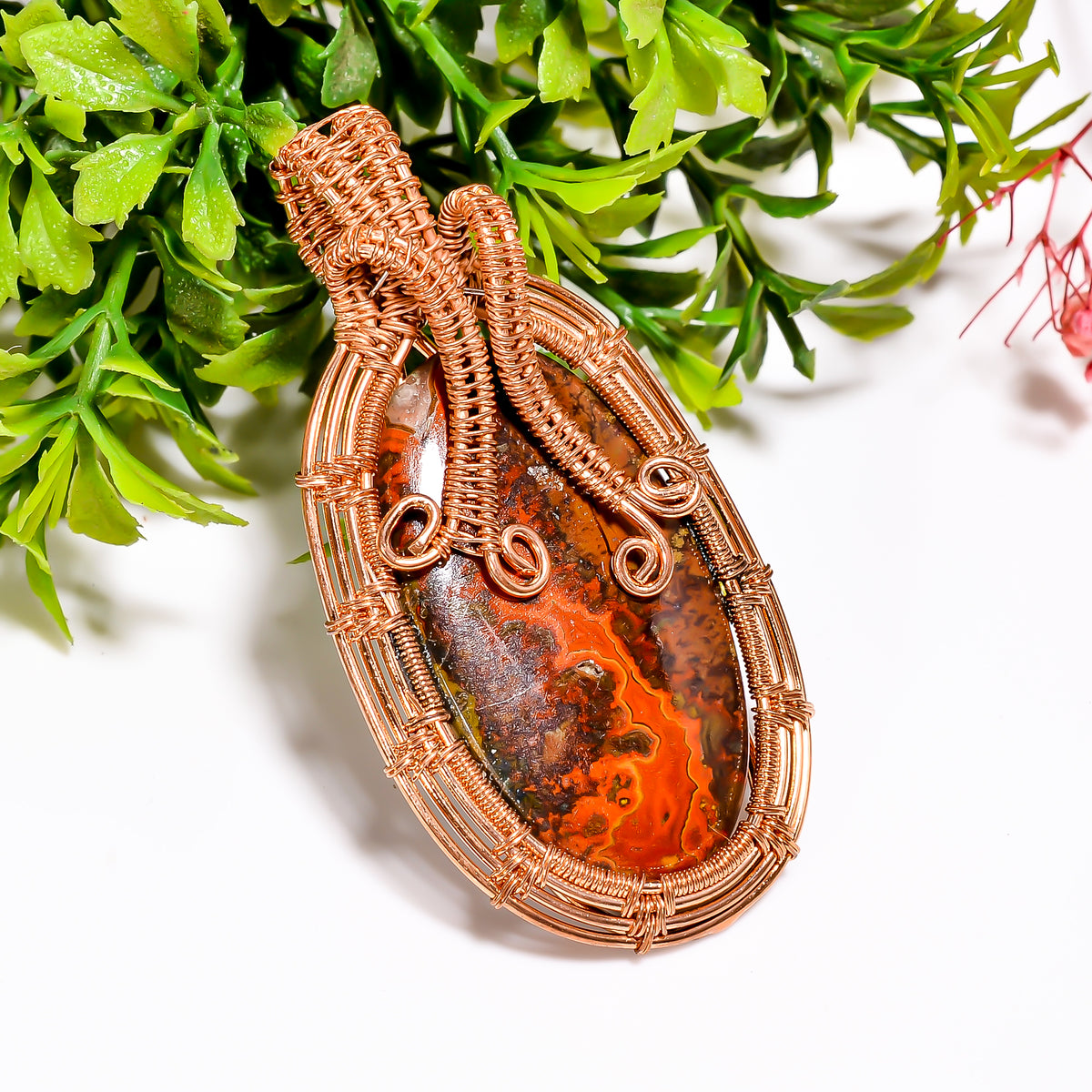 Amazing Top Grade Quality 100% Natural Seam Agate Gemstone Oval Vintage Handmade Pure Copper Wire Wrapped Pendant 2.5" 18.2 gms. KR09-26 Sunkarton