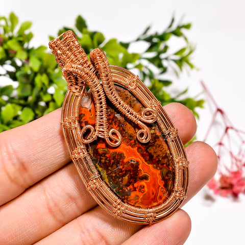 Amazing Top Grade Quality 100% Natural Seam Agate Gemstone Oval Vintage Handmade Pure Copper Wire Wrapped Pendant 2.5