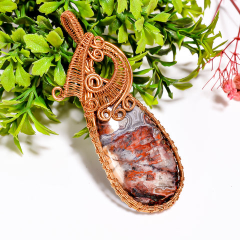 Attractive Top Grade Quality 100% Natural Seam Agate Gemstone Pear Vintage Handmade Pure Copper Wire Wrapped Pendant 3.1