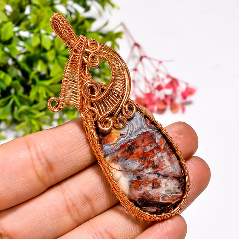 Attractive Top Grade Quality 100% Natural Seam Agate Gemstone Pear Vintage Handmade Pure Copper Wire Wrapped Pendant 3.1