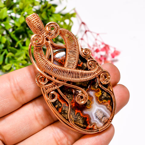 Awesome Top Grade Quality 100% Natural Seam Agate Gemstone Oval Vintage Handmade Pure Copper Wire Wrapped Pendant 2.9