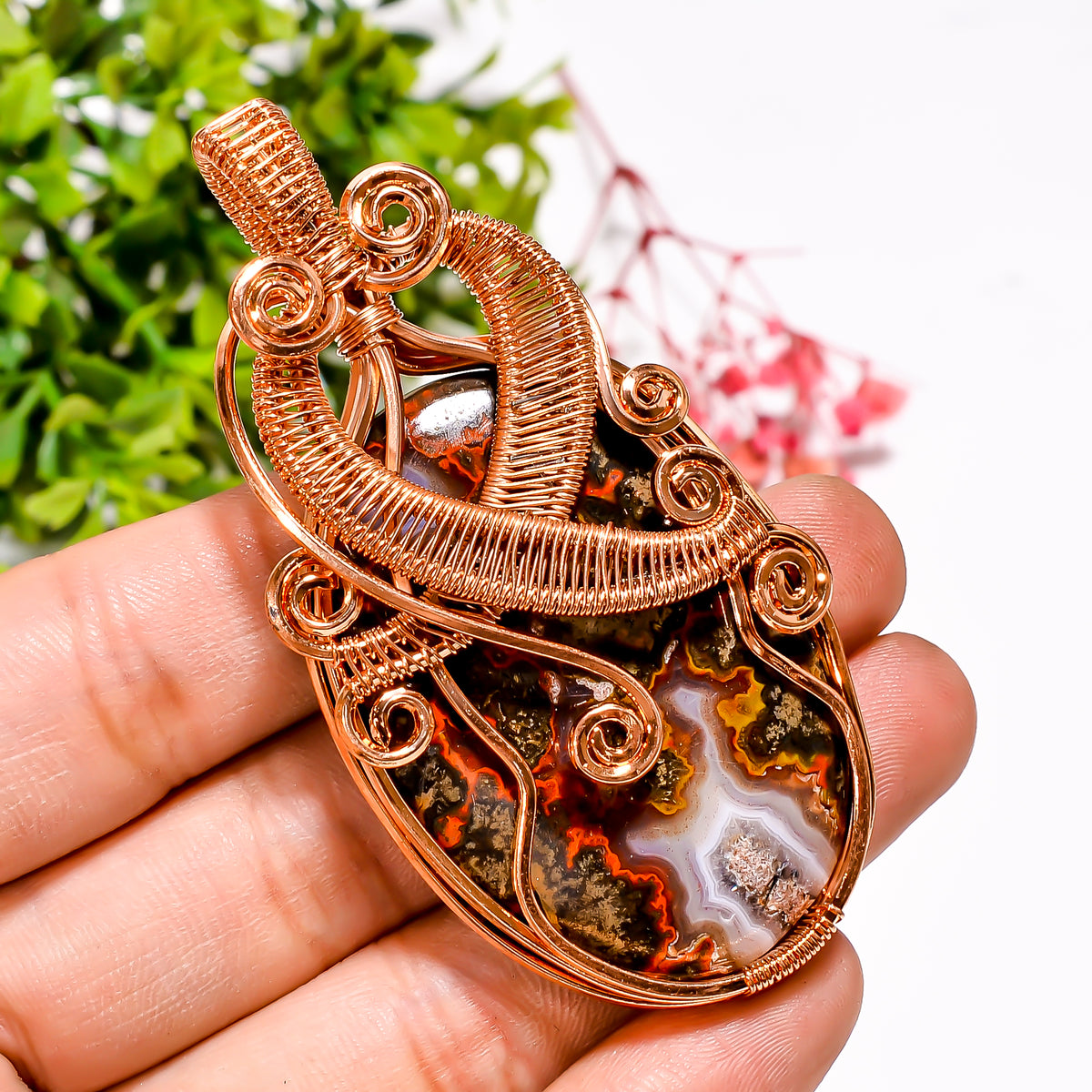 Awesome Top Grade Quality 100% Natural Seam Agate Gemstone Oval Vintage Handmade Pure Copper Wire Wrapped Pendant 2.9" 31.3 gms. KR09-28 Sunkarton
