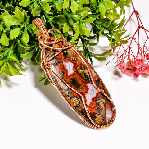 Beautiful Top Grade Quality 100% Natural Seam Agate Gemstone Oval Vintage Handmade Pure Copper Wire Wrapped Pendant 3.1