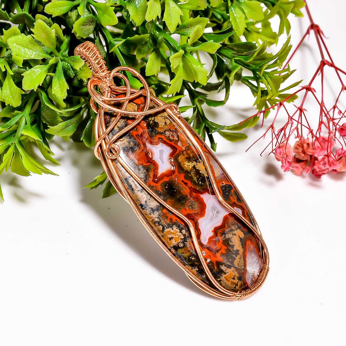 Beautiful Top Grade Quality 100% Natural Seam Agate Gemstone Oval Vintage Handmade Pure Copper Wire Wrapped Pendant 3.1" 22.3 gms. KR09-29 Sunkarton