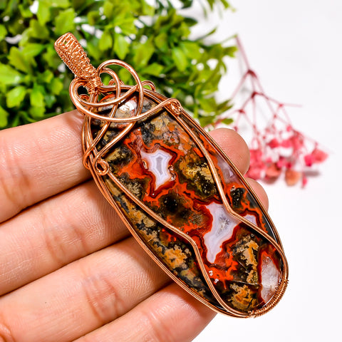 Beautiful Top Grade Quality 100% Natural Seam Agate Gemstone Oval Vintage Handmade Pure Copper Wire Wrapped Pendant 3.1