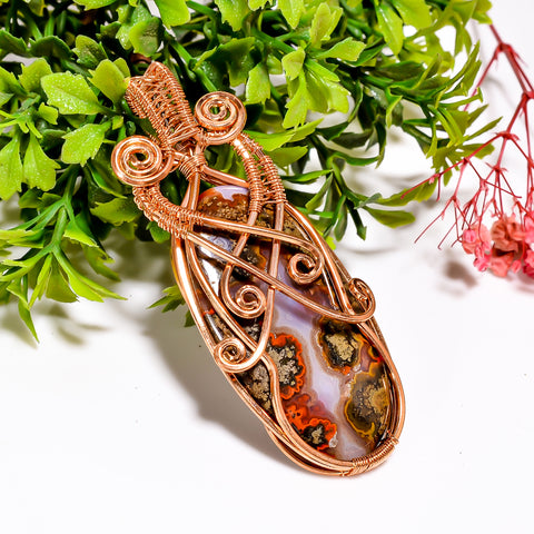 Excellent Top Grade Quality 100% Natural Seam Agate Gemstone Oval Vintage Handmade Pure Copper Wire Wrapped Pendant 2.9