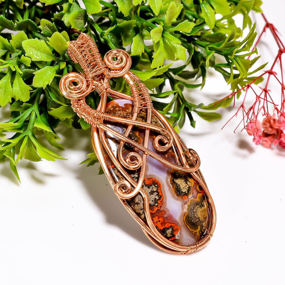 Excellent Top Grade Quality 100% Natural Seam Agate Gemstone Oval Vintage Handmade Pure Copper Wire Wrapped Pendant 2.9" 22 gms. KR09-32 Sunkarton