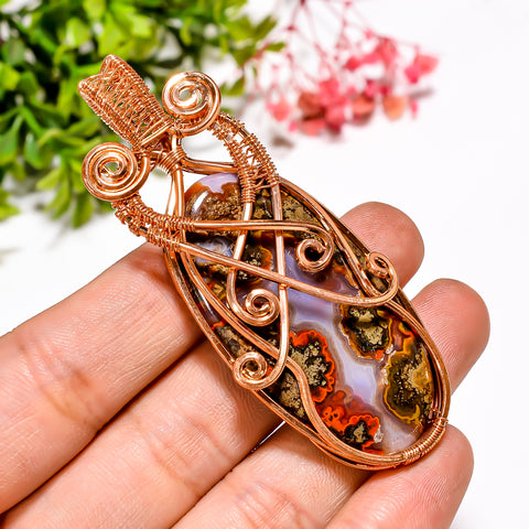 Excellent Top Grade Quality 100% Natural Seam Agate Gemstone Oval Vintage Handmade Pure Copper Wire Wrapped Pendant 2.9