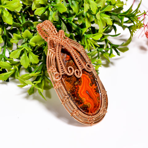 Elegant Top Grade Quality 100% Natural Seam Agate Gemstone Oval Vintage Handmade Pure Copper Wire Wrapped Pendant 2.6