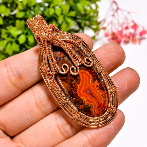 Elegant Top Grade Quality 100% Natural Seam Agate Gemstone Oval Vintage Handmade Pure Copper Wire Wrapped Pendant 2.6