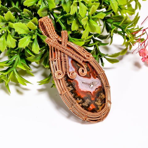 Fabulous A One Quality 100% Natural Seam Agate Druzy Gemstone Oval Vintage Handmade Pure Copper Wire Wrapped Pendant 2.6