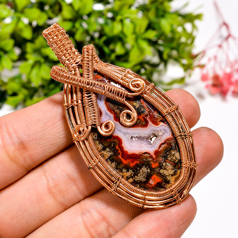 Fabulous A One Quality 100% Natural Seam Agate Druzy Gemstone Oval Vintage Handmade Pure Copper Wire Wrapped Pendant 2.6