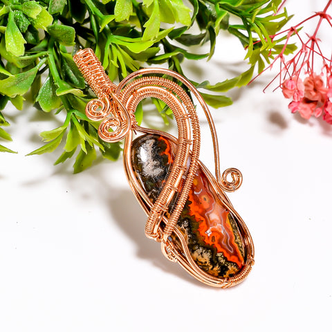 Fantastic Top Grade Quality 100% Natural Seam Agate Gemstone Oval Vintage Handmade Pure Copper Wire Wrapped Pendant 2.3