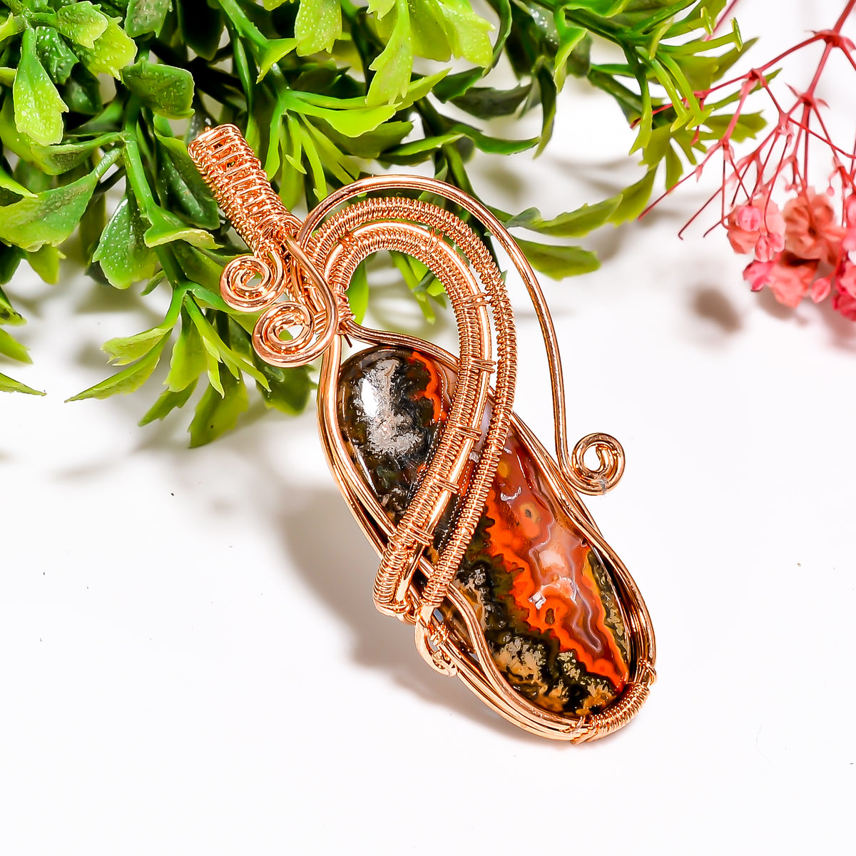 Fantastic Top Grade Quality 100% Natural Seam Agate Gemstone Oval Vintage Handmade Pure Copper Wire Wrapped Pendant 2.3" 11.3 gms. KR09-36 Sunkarton