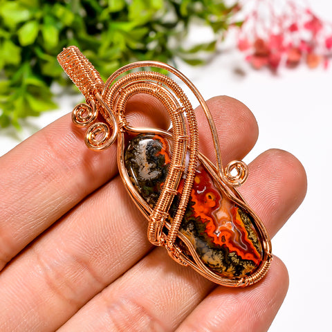 Fantastic Top Grade Quality 100% Natural Seam Agate Gemstone Oval Vintage Handmade Pure Copper Wire Wrapped Pendant 2.3