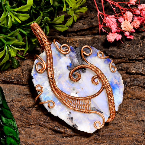 Incredible Top Grade Quality 100% Natural Rainbow Moonstone Gemstone Vintage Handmade Pure Copper Wire Wrapped Pendant 2.9