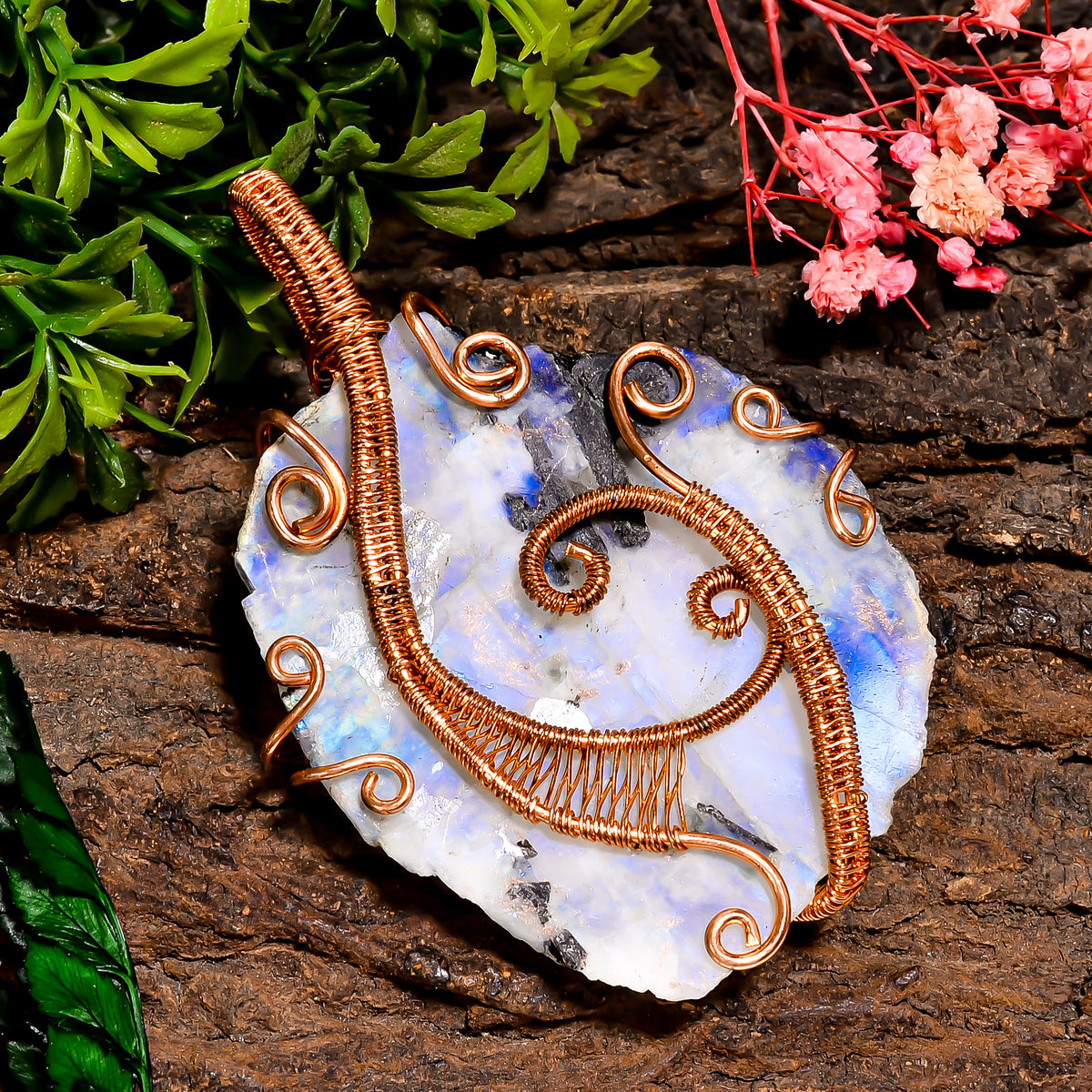 Incredible Top Grade Quality 100% Natural Rainbow Moonstone Gemstone Vintage Handmade Pure Copper Wire Wrapped Pendant 2.9" 48 gms. KR09-39 Sunkarton
