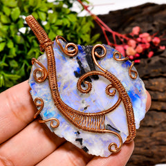 Incredible Top Grade Quality 100% Natural Rainbow Moonstone Gemstone Vintage Handmade Pure Copper Wire Wrapped Pendant 2.9" 48 gms. KR09-39 Sunkarton