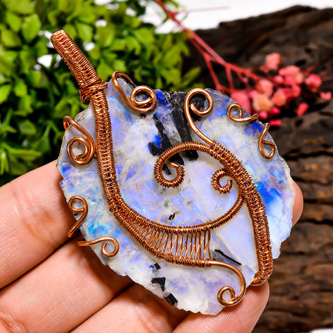 Incredible Top Grade Quality 100% Natural Rainbow Moonstone Gemstone Vintage Handmade Pure Copper Wire Wrapped Pendant 2.9