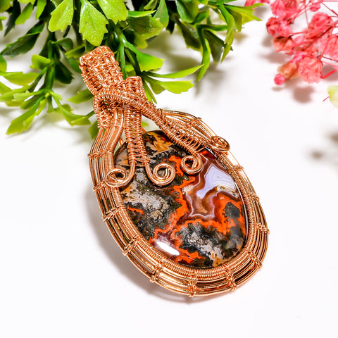 Awesome Top Grade Quality 100% Natural Seam Agate Gemstone Pear Vintage Handmade Pure Copper Wire Wrapped Pendant 2.5