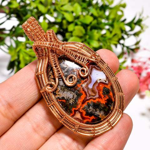 Awesome Top Grade Quality 100% Natural Seam Agate Gemstone Pear Vintage Handmade Pure Copper Wire Wrapped Pendant 2.5