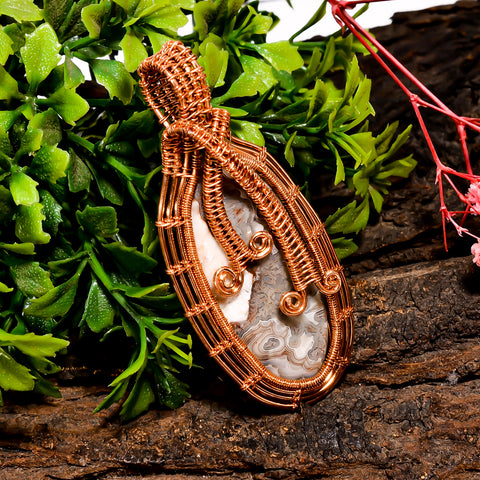 Outstanding A One Quality 100% Natural Crazy Lace Agate Gemstone Oval Vintage Handmade Pure Copper Wire Wrapped Pendant 2.5