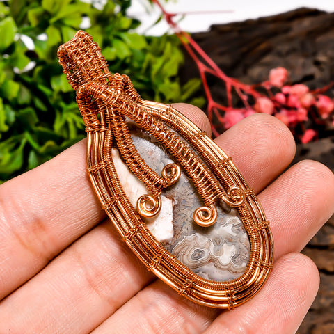 Outstanding A One Quality 100% Natural Crazy Lace Agate Gemstone Oval Vintage Handmade Pure Copper Wire Wrapped Pendant 2.5