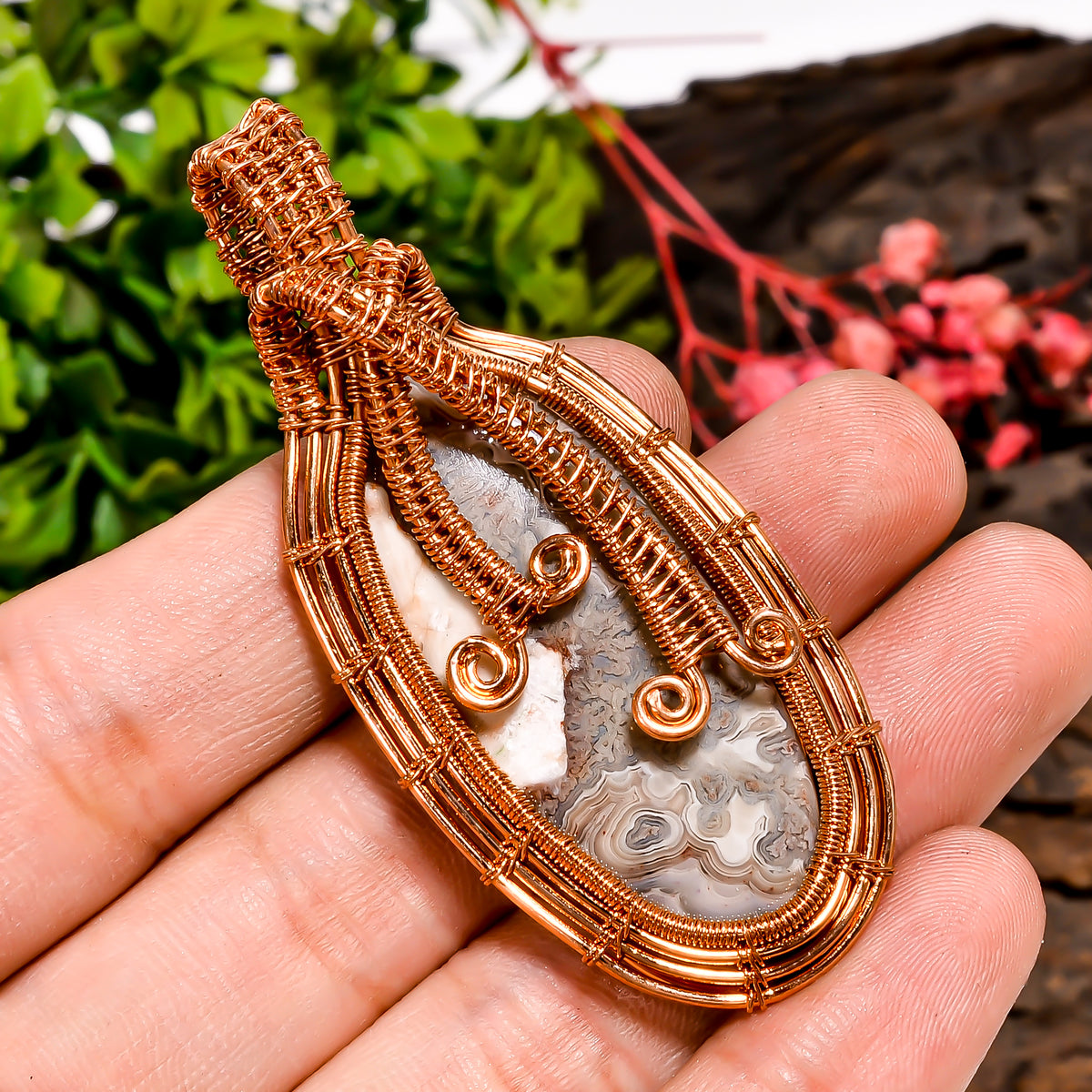 Outstanding A One Quality 100% Natural Crazy Lace Agate Gemstone Oval Vintage Handmade Pure Copper Wire Wrapped Pendant 2.5" 15.7 gms KR0942 Sunkarton