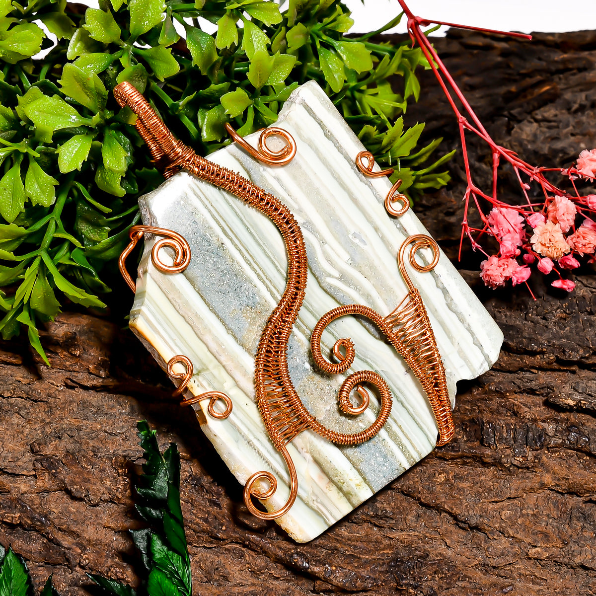 Splendid Top Grade Quality 100% Natural Saturn Chalcedony Gemstone Vintage Handmade Pure Copper Wire Wrapped Pendant 3.4" 52 gms. KR09-43 Sunkarton