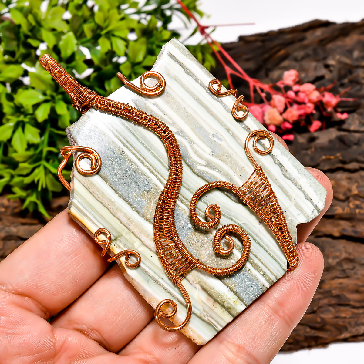 Splendid Top Grade Quality 100% Natural Saturn Chalcedony Gemstone Vintage Handmade Pure Copper Wire Wrapped Pendant 3.4" 52 gms. KR09-43 Sunkarton