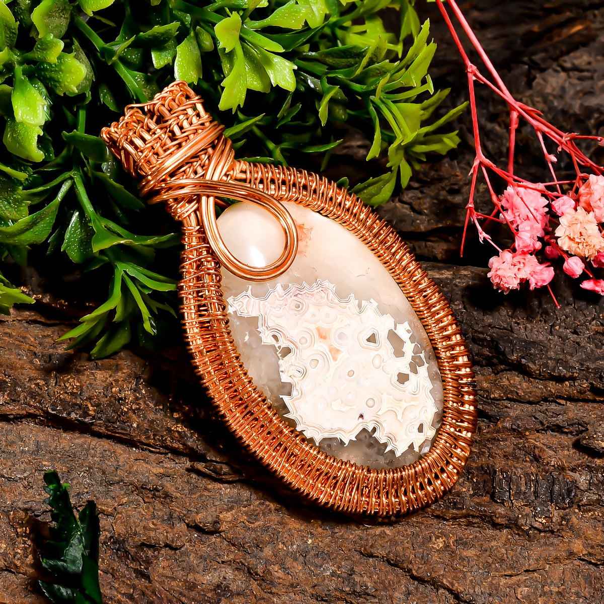Superb Top Grade Quality 100% Natural Crazy Lace Agate Gemstone Oval Vintage Handmade Pure Copper Wire Wrapped Pendant 2.7" 26.6 gms KR09-44 Sunkarton