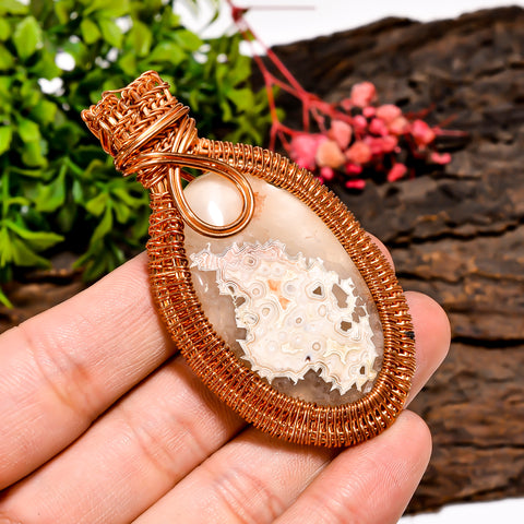 Superb Top Grade Quality 100% Natural Crazy Lace Agate Gemstone Oval Vintage Handmade Pure Copper Wire Wrapped Pendant 2.7