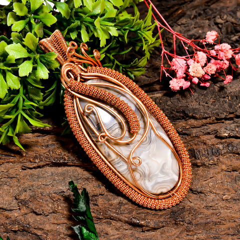Stunning A One Quality 100% Natural Crazy Lace Agate Gemstone Oval Vintage Handmade Pure Copper Wire Wrapped Pendant 3.6