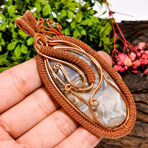 Stunning A One Quality 100% Natural Crazy Lace Agate Gemstone Oval Vintage Handmade Pure Copper Wire Wrapped Pendant 3.6