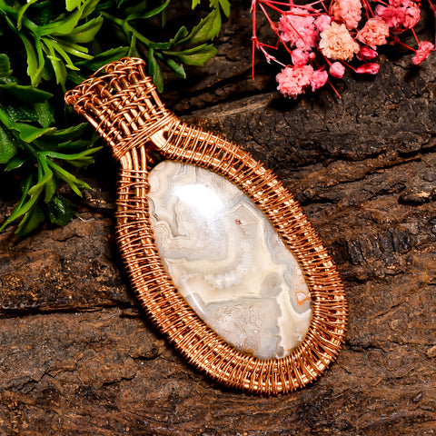 Supreme Top Grade Quality 100% Natural Crazy Lace Agate Gemstone Oval Vintage Handmade Pure Copper Wire Wrapped Pendant 2.6