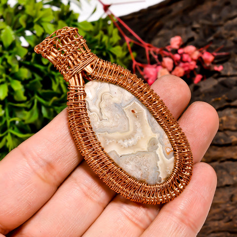 Supreme Top Grade Quality 100% Natural Crazy Lace Agate Gemstone Oval Vintage Handmade Pure Copper Wire Wrapped Pendant 2.6