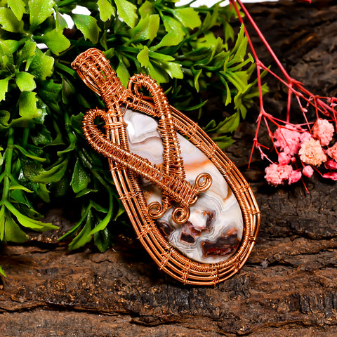 Unique Top Grade Quality 100% Natural Crazy Lace Agate Gemstone Pear Vintage Handmade Pure Copper Wire Wrapped Pendant 2.7