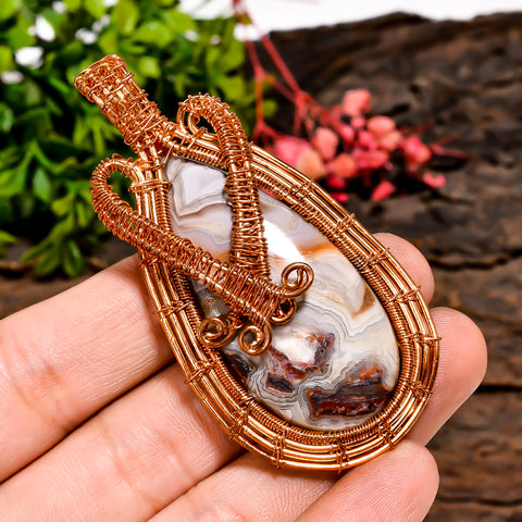 Unique Top Grade Quality 100% Natural Crazy Lace Agate Gemstone Pear Vintage Handmade Pure Copper Wire Wrapped Pendant 2.7
