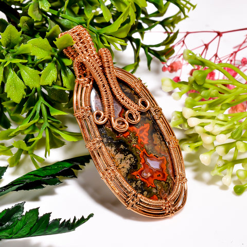 Beautiful Top Grade Quality 100% Natural Seam Agate Gemstone Oval Vintage Handmade Pure Copper Wire Wrapped Pendant 2.6