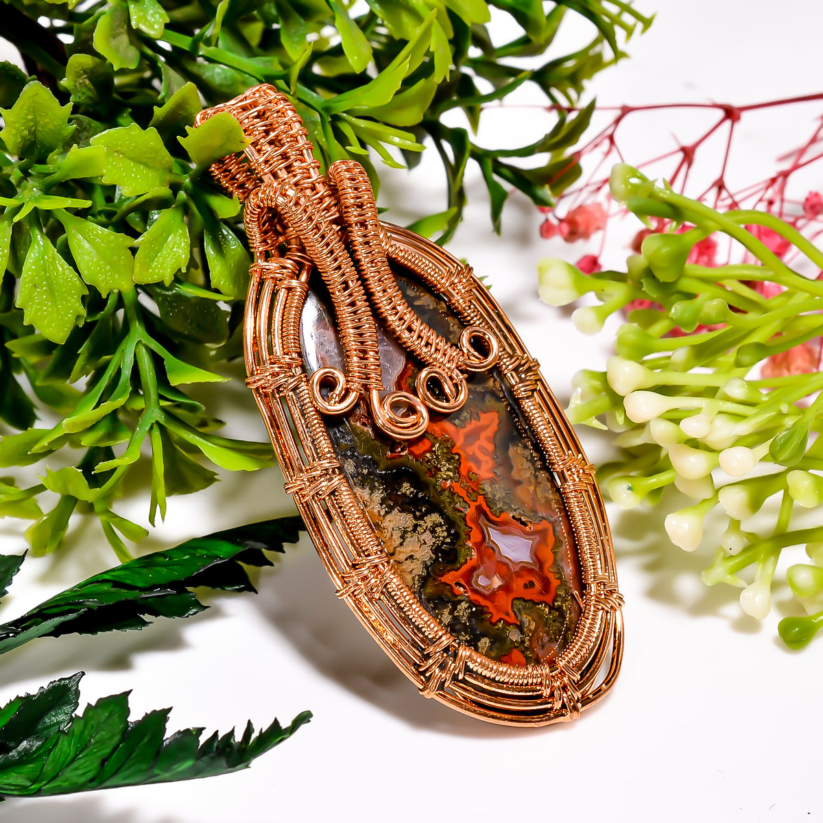 Beautiful Top Grade Quality 100% Natural Seam Agate Gemstone Oval Vintage Handmade Pure Copper Wire Wrapped Pendant 2.6" 19 gms. KR09-4 Sunkarton